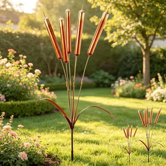 Iron Cattail Wind Chimes Stake  Handmade Rustic Plant Support, Garden Art Ornament for Yard & Patio Outdoor Decor(RL 20in-1PC)