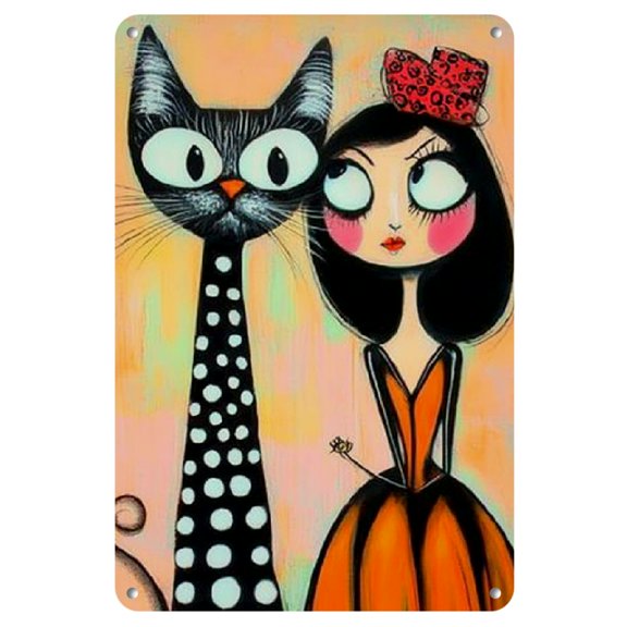 Iron Charming Cartoon Girl & Cat Iron Art Print - Frameless Wall Decor for Living Room_ Bedroom_ Office_ and More - Unique Animal-Themed Poster Perfect for New Year_ Christmas_ Thanksgiving