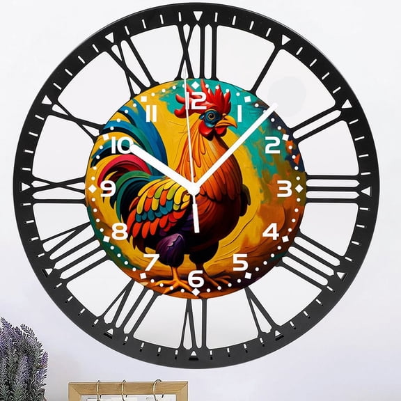 Iron Chicken Wall Clocks,Rooster Oil Painting Wall Clock Decorative,Chicken Kitchen Wall Clock Battery Operated - 10 Inch Round Bathroom Wall Clocks Silent Non-Ticking Style 10×10inch