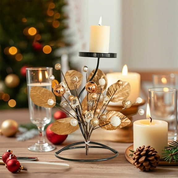 Iron Christmas Candlestick Fruit Leaf Ornament Branch Flower Arrangement Tabletop Scene 8.6x5.1in Durable Centerpiece for Holiday Dinner Wedding Party Table Home Festive Decor