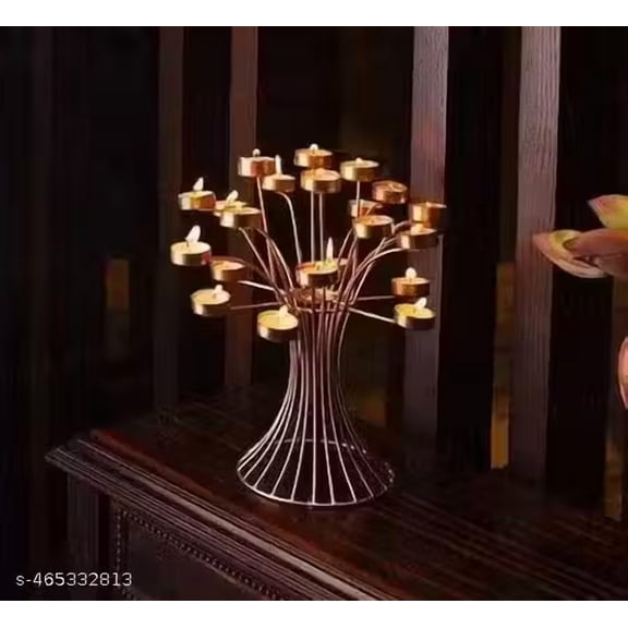 Iron Christmas Tree Design Blooming 24 Tealight Candle Holder For Home Decor | Diwali | Event | Best gift For Wedding | Size: 10x10x12" Approx (Pack of1) Gold