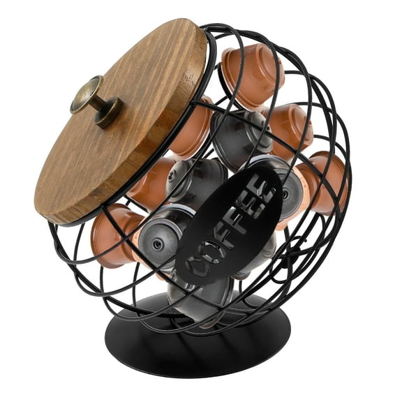 Iron Coffee Pod Holder with Wood Lid Large Capacity Coffee Pod Storage Basket Innovative Spherical Shape for Kitchen Countertop