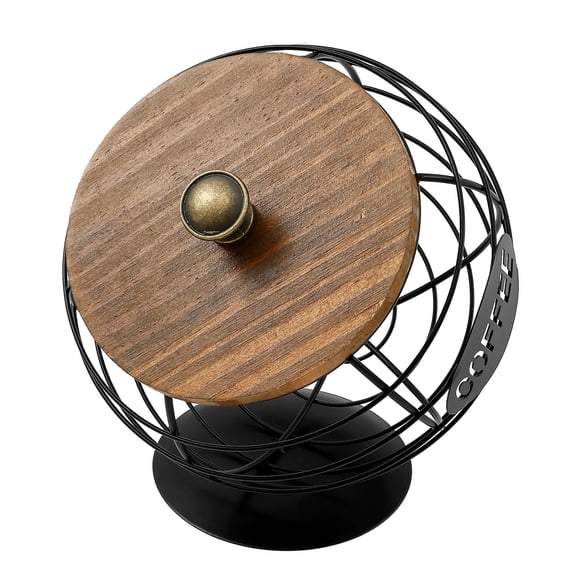 Iron Coffee Pod Holder with Wood Lid Large Capacity Coffee Pod Storage Basket Innovative Spherical Shape for Kitchen Countertop