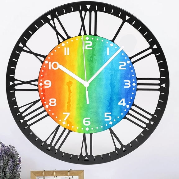 Iron Colorful Wall Clock for Bathroom,Rainbow Wall Clocks Silent Non-Ticking Battery Operated Clock 10 Inch,Wall Clocks Decorative for Living Room,Kitchen,Office Style 1010inch(2525cm)