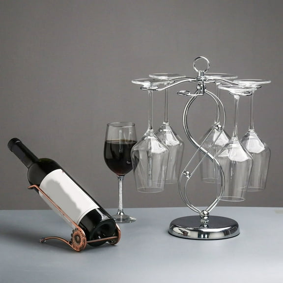 Iron Countertop Wine Glass Holder with Scrollwork Design, Freestanding Tabletop Stemware Storage Rack with 6 Hooks