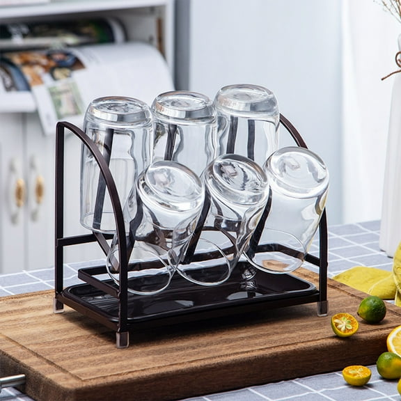 Iron Cup Stand with Drainage Tray - Glass Bottle Drying Rack for Kitchen Countertop - Cup Organizer with Silicone Coated Hooks for Coffee Mugs and Stemware - Non-Slip Countertop Storage for Glasses