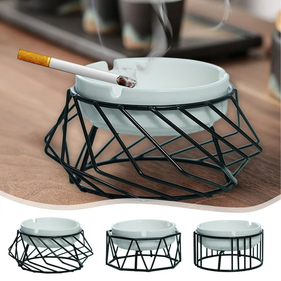 Iron Decorative Ashtray for Home | Hollowed Out Vintage Style Black Metal & Ceramic Ashtray | Multifunctional Ornament or Candle Holder | 1 Pc | 4.13in | Gift & Decor Accessory