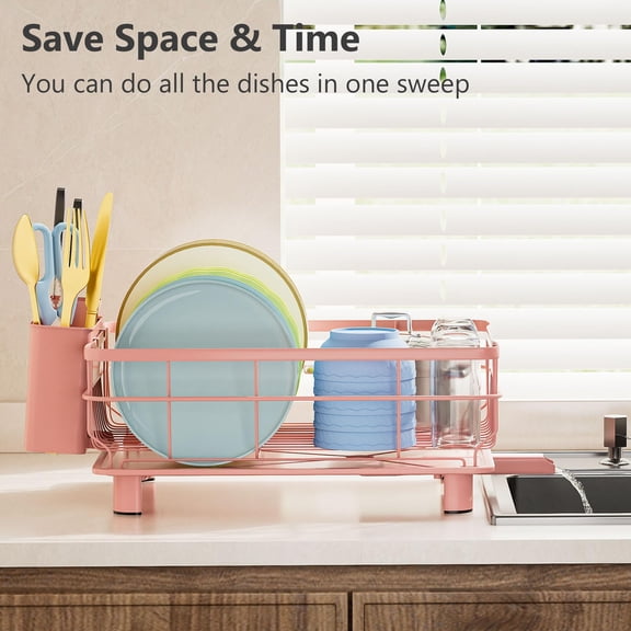 Iron Dish Drying Rack with Auto Drain & Tray – Kitchen Counter Strainer for Plates, Bowls & Utensils – Space Saving Dish Drainer