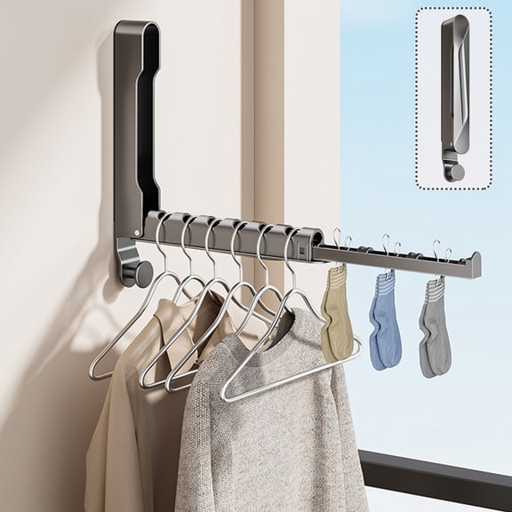 Iron Over The Door Hanging Rack - Multi-Function Clothes Hanger with Hooks & Sock Clips, Foldable Retractable Drying Rod for Towels, Scarves, Belts, Space Saving Bathroom Bedroom Organizer(Gray)