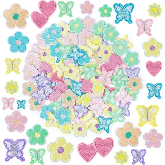 Iron on Embroidery Patches Flower for Clothing: 100PCS Pastel Butterfly Heart Embroidered Patches - Cute Sew on Small Applique Patches for Fabric Jackets Jeans