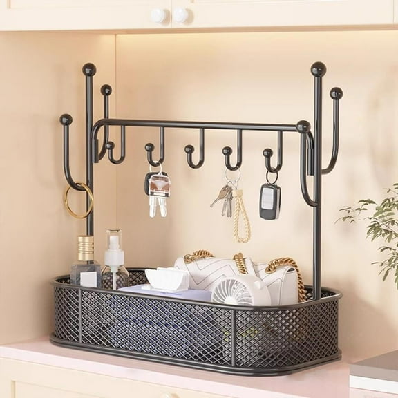 Iron Entryway Key and Shoe Storage Shelf, Hallway Organizer Rack, Decorative Console Table, with Hooks for Home Office Foyer Decor, Industrial Shelf Unit, Black