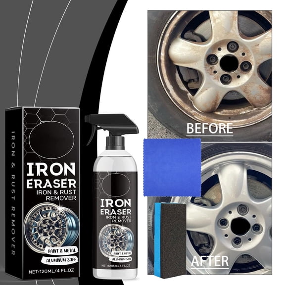 Iron Eraser Rust Remover Kit with Sponge and Cloth,Aluminum-Safe Automotive Cleaner,Sanitizing Iron and Rust Remover for Car Wheels and Metal Surfaces,4 fl oz
