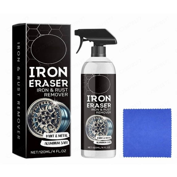 Iron Eraser Rust Remover Spray, 120ml Fast Acting Rust and Brake Dust Remover, Safe for Car Wheels and Paint, Color Change Indicator, Easy Spray and Rinse, Includes Towel, Automotive Metal Cleaner