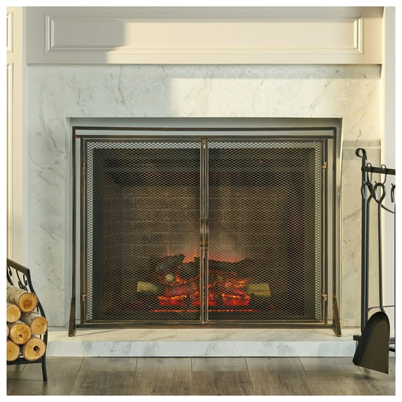 Iron Fireplace Screen, Matte Black - Samantha Single Panel Fireplace Safety Screen with Doors for Living Room, Bedroom, Modern Home Decor