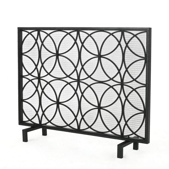 Iron Fireplace Screen With Geometric Circle Pattern, Standard Black Finish