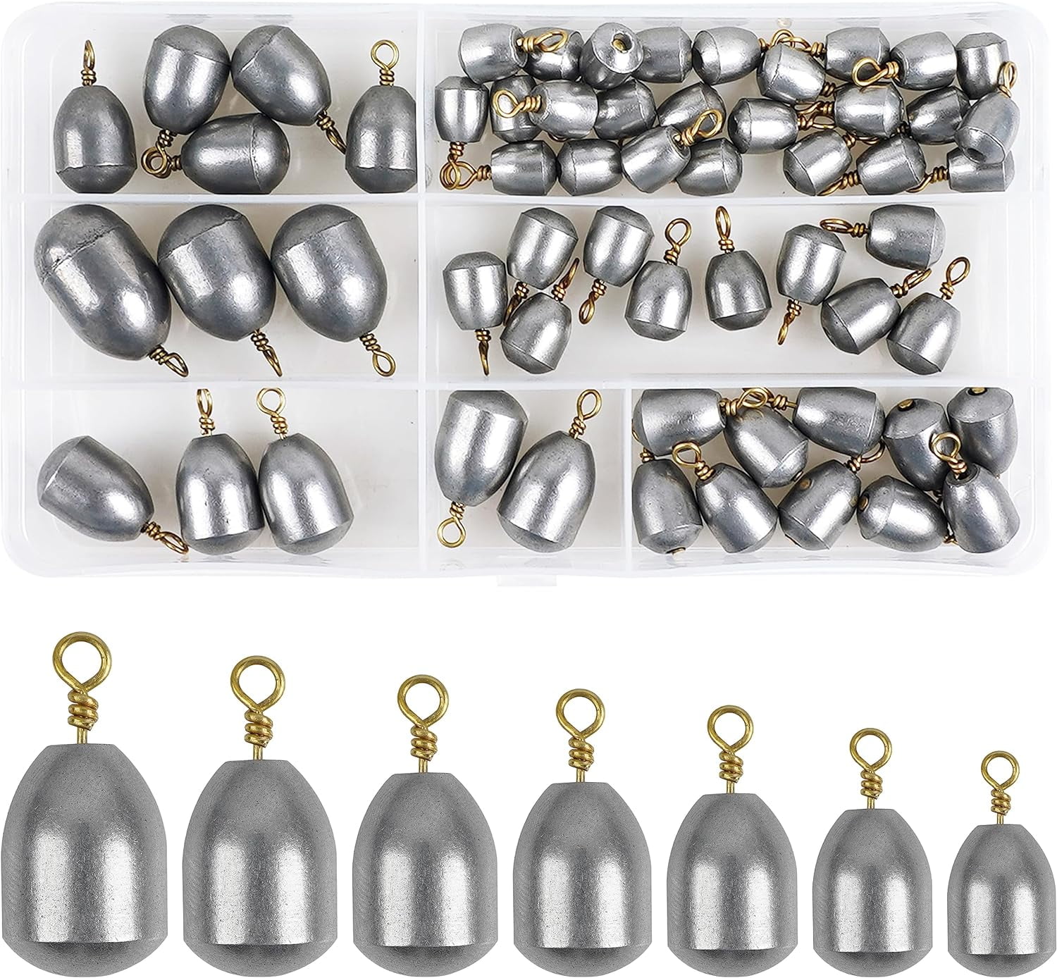 Iron Fishing Weights Assortment, 58pcs Fish Bass Sinkers Casting Weight Kit  with Tackle Box 7 Weights