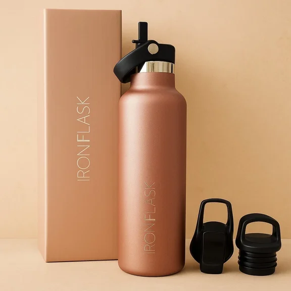 Iron Flask 20 oz. Rose Gold Vacuum Stainless Steel Insulated Water Bottle with 3 Lids