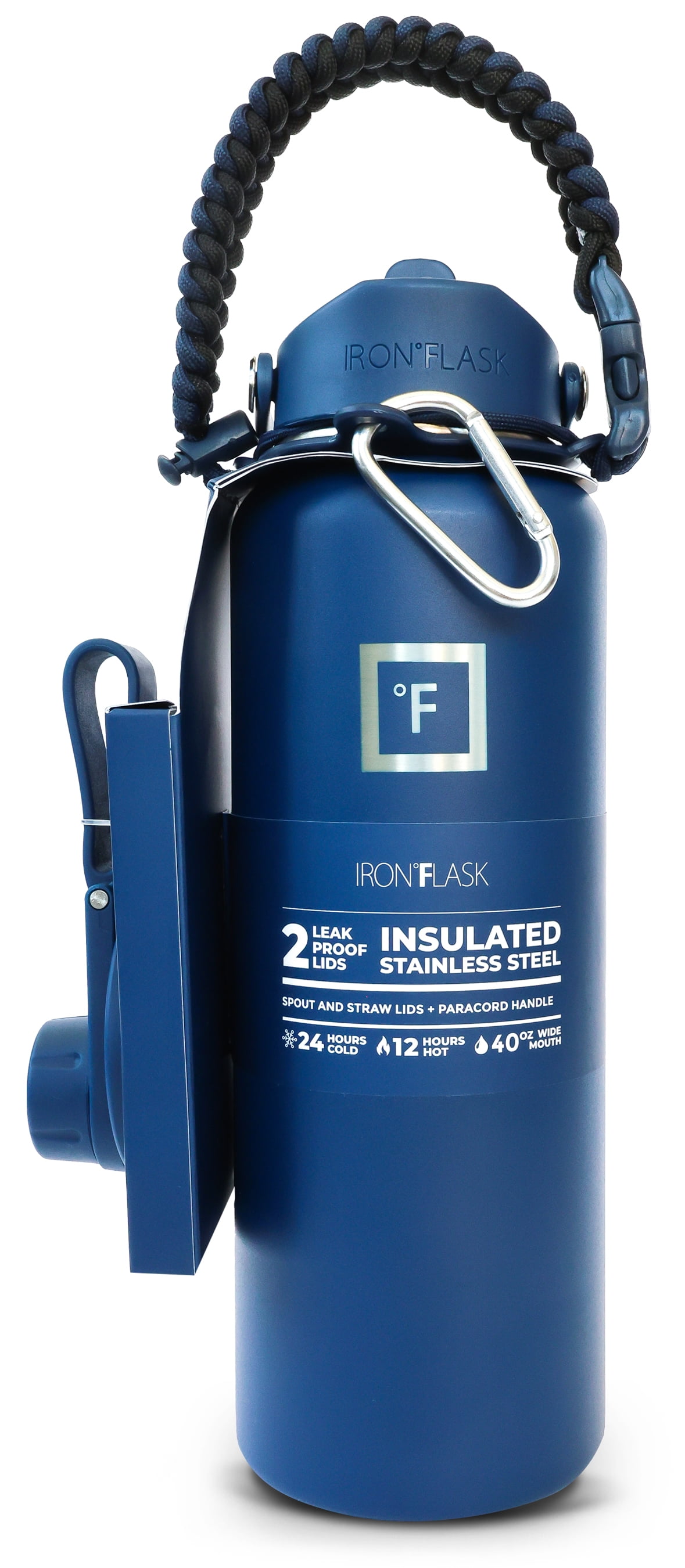 Iron Flask 40oz Wide Mouth Water Bottle with Paracord Handle and 2 Lids