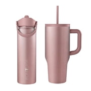 Iron Flask Holiday Gift Set   2-Piece Pink Metallic Insulated Drinkware Set, 22 oz Water Bottle with Straw Lid & 32 oz Copilot Travel Tumbler with Straw Lid