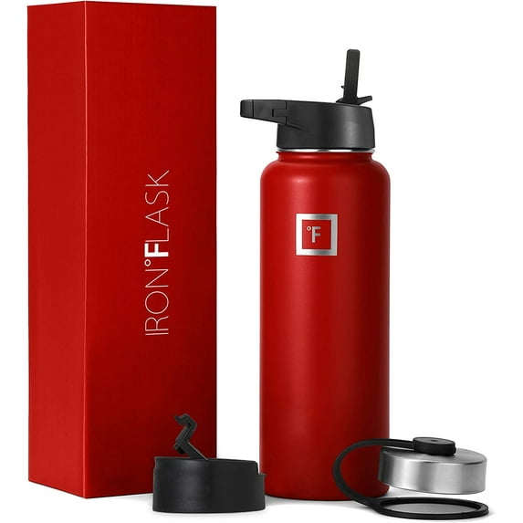 Iron Flask Sports Water Bottle - 3 Lids - 40 oz - Fire Red