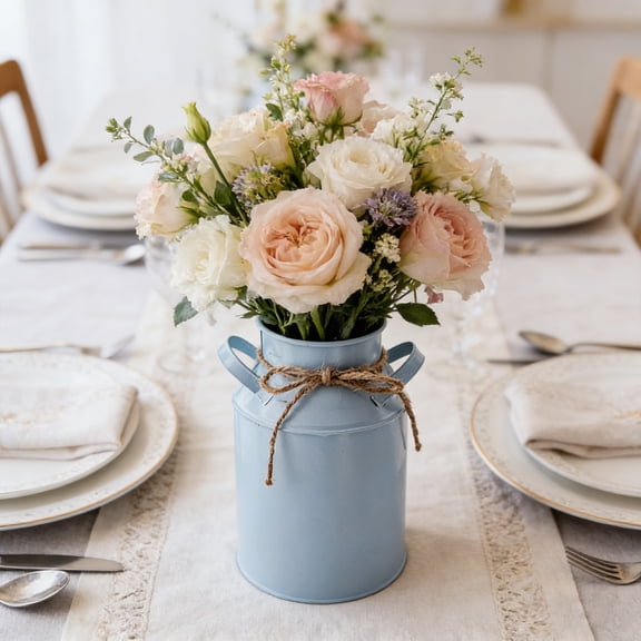 Iron Flower Bucket Vase, Rustic Metal Pail for Dried Flowers, Fresh Bouquets, Centerpiece for Dining Table, Living Room, Kitchen Decor