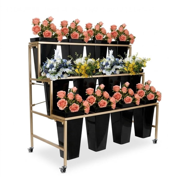 Iron Flower Display Stand with 12 ABS Buckets, 3 Tier Ladder Flower Cart for Outdoor Market Retail Store, Rolling Bouquet Rack with Swivel Casters, Matte Gold