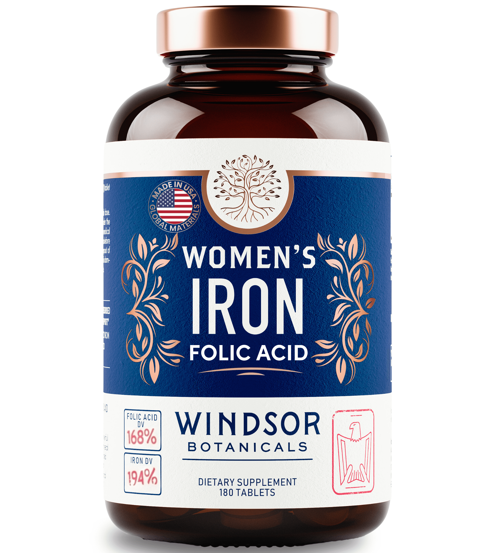 Iron and Folic Acid Supplements for Women - 35mg Gentle Iron Vitamin, Folic Acid 400mcg - Anemia, Period, Pregnancy Support Supplement, Ferrous Sulfate Pills - 180 Vegan Non-Constipating Tablets