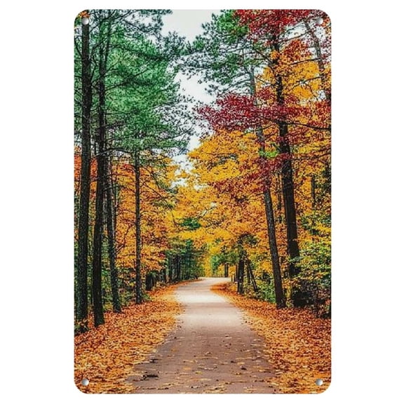 Iron Forest Path Wall Art, Weather-Resistant Metal Print, Pre-Drilled, 1 Pc, Autumn Scenery Outdoor Decor