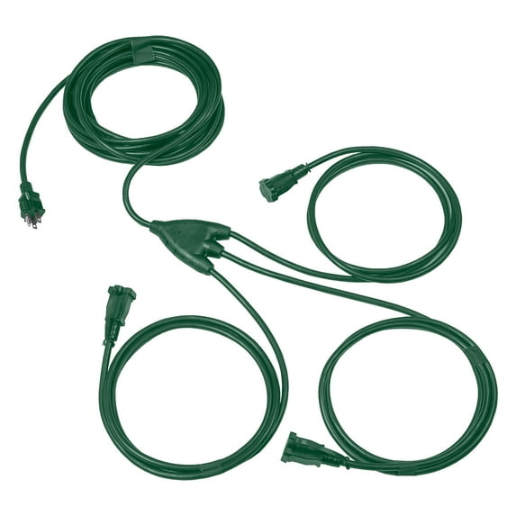 Iron Forge Cable Green 1 to 3 Outdoor Extension Cord Splitter 28 Ft (40 Ft Total Length) - 16 Gauge Power Cord, 3 Prong, 3 Outlets 16/3 SJTW