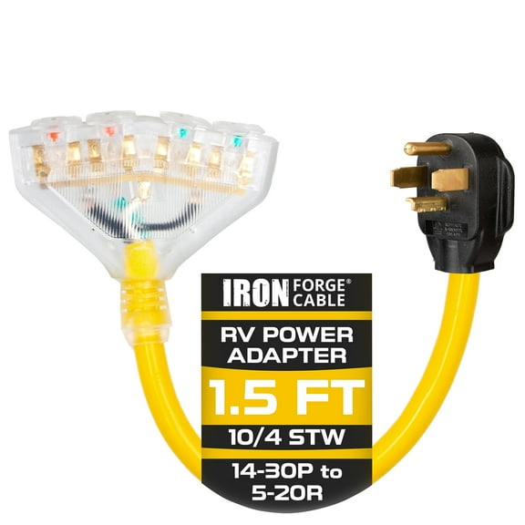 Iron Forge Cable 1.5 Ft 30 Amp to 20 RV Adapter Extension Cord - 14-30P to 5-20R Yellow STW 10/4 Electric Cable, for Dryer Extension and EV Charging