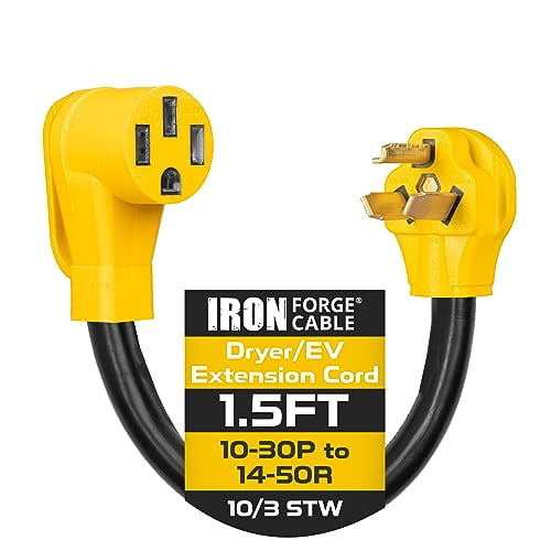 Iron Forge Cable 1.5 Ft EV Charger Adapter Cord - 10-30P to 14-50R Black STW 10 Gauge Cable, 30 Amp Male Plug to 50 Amp Female Receptacle Heavy Duty.