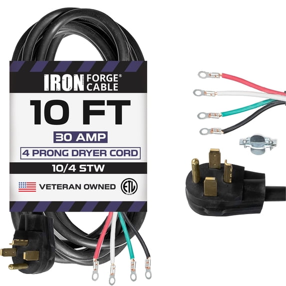 Iron Forge Cable 4 Prong Dryer Cord 10 ft, Black 10/4 NEMA 14-30 Plug 30 Amp Extension Cord 10 Foot for Dryer & EV with Ring Terminals, 125V/250V SRDT