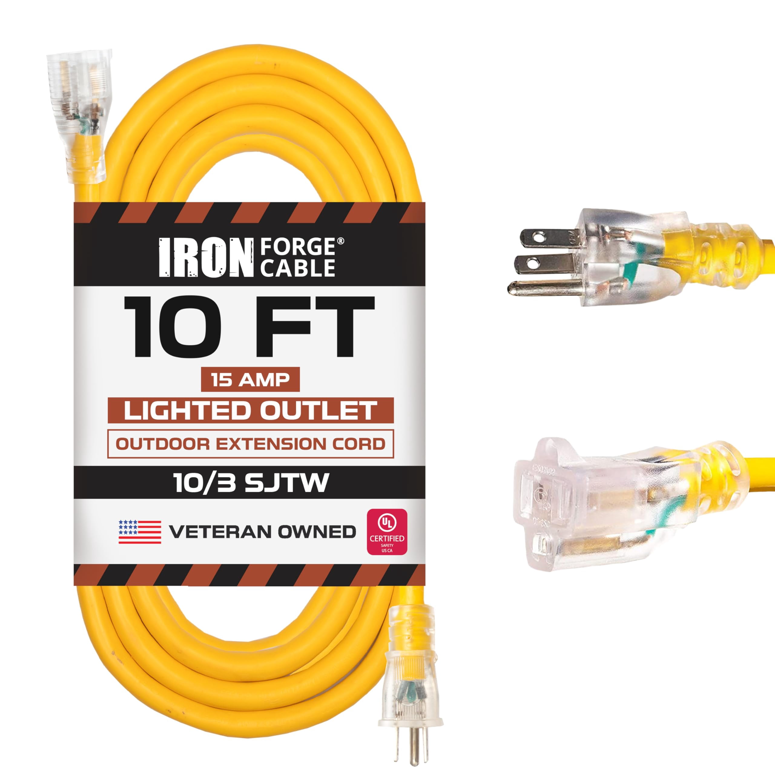 Iron Forge Cable Outdoor Extension Cord 10 Ft - 10 Gauge Outdoor Heavy Duty Extension Cord, 15 AMP, 10/3 Yellow Power Cable SJTW Weatherproof with 3 Prong