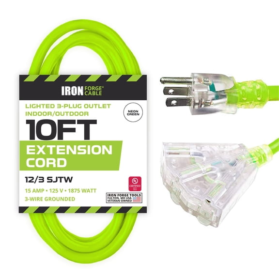 Iron Forge Cable 10 Foot Lighted Outdoor Extension Cord with 3 Outlets - 12/3 SJTW Heavy Duty Light Green Extension Cable 3 Prong - Multiple Outlets