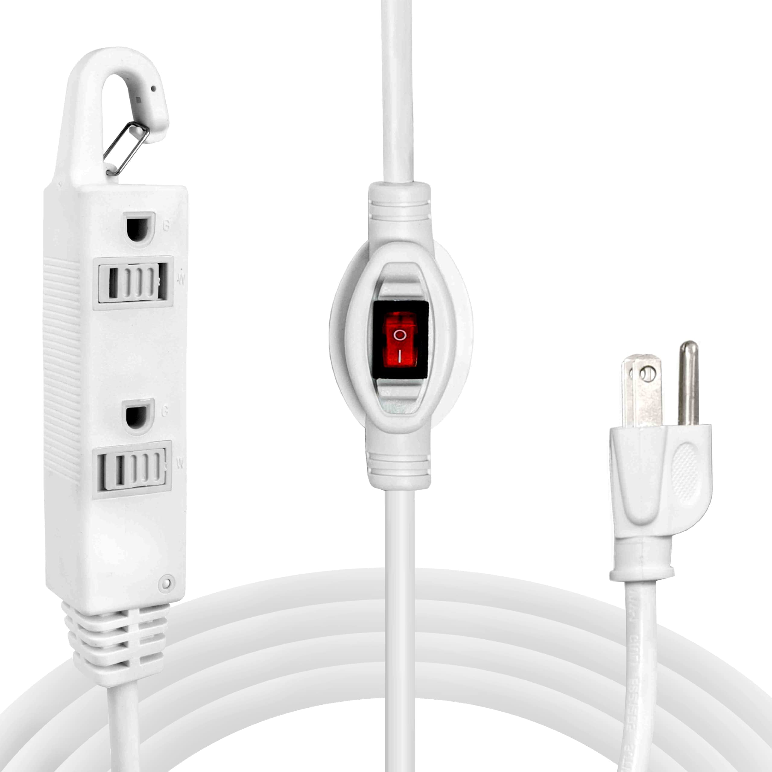 Iron Forge Cable 10 Ft 3 Outlets White Extension Cord with Inline Switch On/Off, 16/3 SJTW 3 Prong with Hook for Hanging -10 AMP Cord - ETL Listed