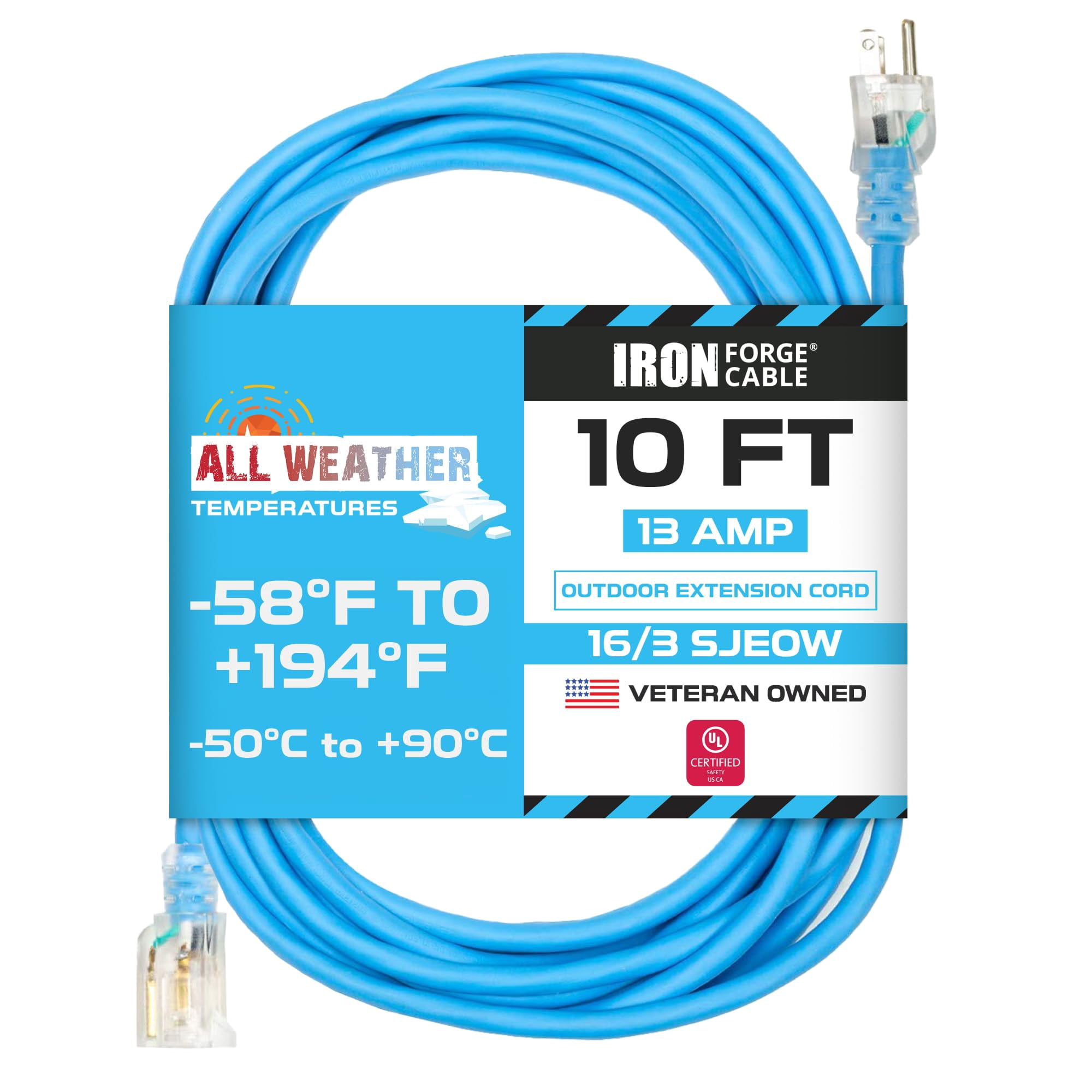 Iron Forge Cable 10 Ft All-Weather Extension Cord for Outdoor & Indoor Use - 16/3 SJEOW Lighted 3 Prong Extension Cord - for Cold & Hot Temperatures