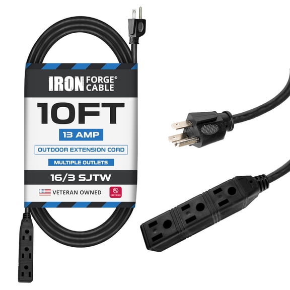 Iron Forge Cable 3 Outlet Power Strip Outdoor Extension Cord 10 ft, 16/3 Weatherproof Heavy Duty Black Extension Cord with Multiple Outlets 3 Prong