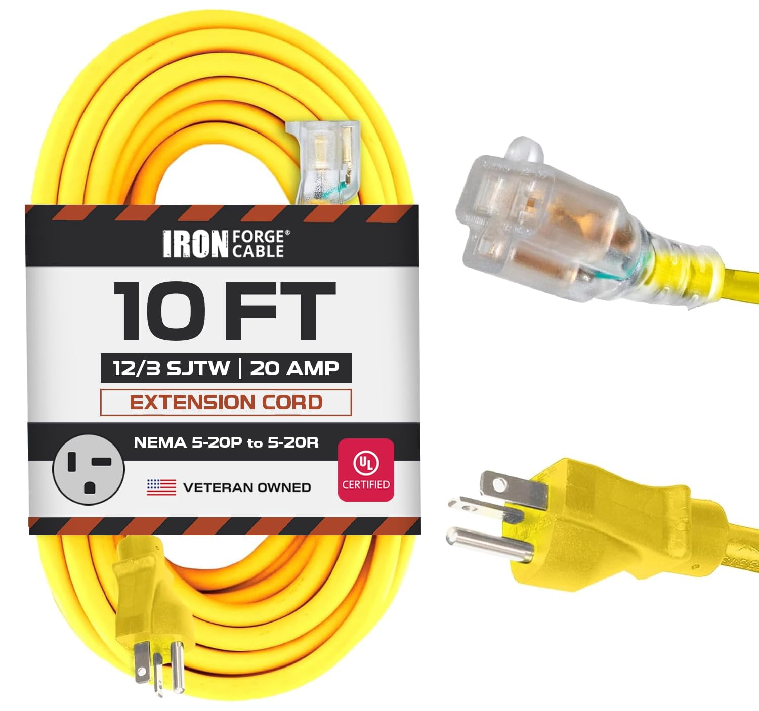 Iron Forge Cable 10 Ft Extension Cord - Nema 5-20 Extension Cord, 5-20P to 5-20R Lighted Yellow SJTW 12 Gauge Electric Cable, 20 Amp Heavy Duty