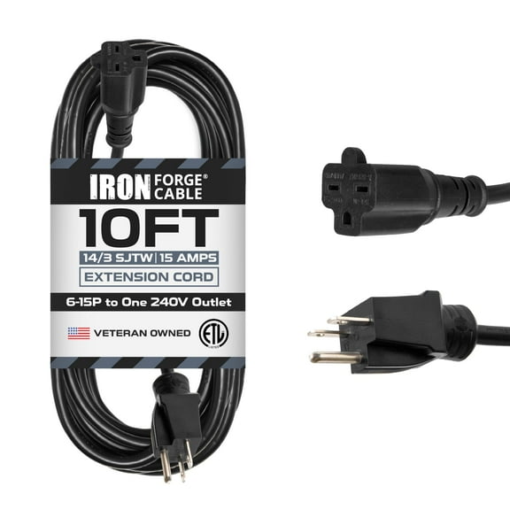 Iron Forge Cable 10 Ft Extension Cord - Nema 6-15 Extension Cord, 6-15P to 6-15R Black SJTW 14 Gauge Electric Cable, 15 Amp 220/240 Volt Heavy Duty