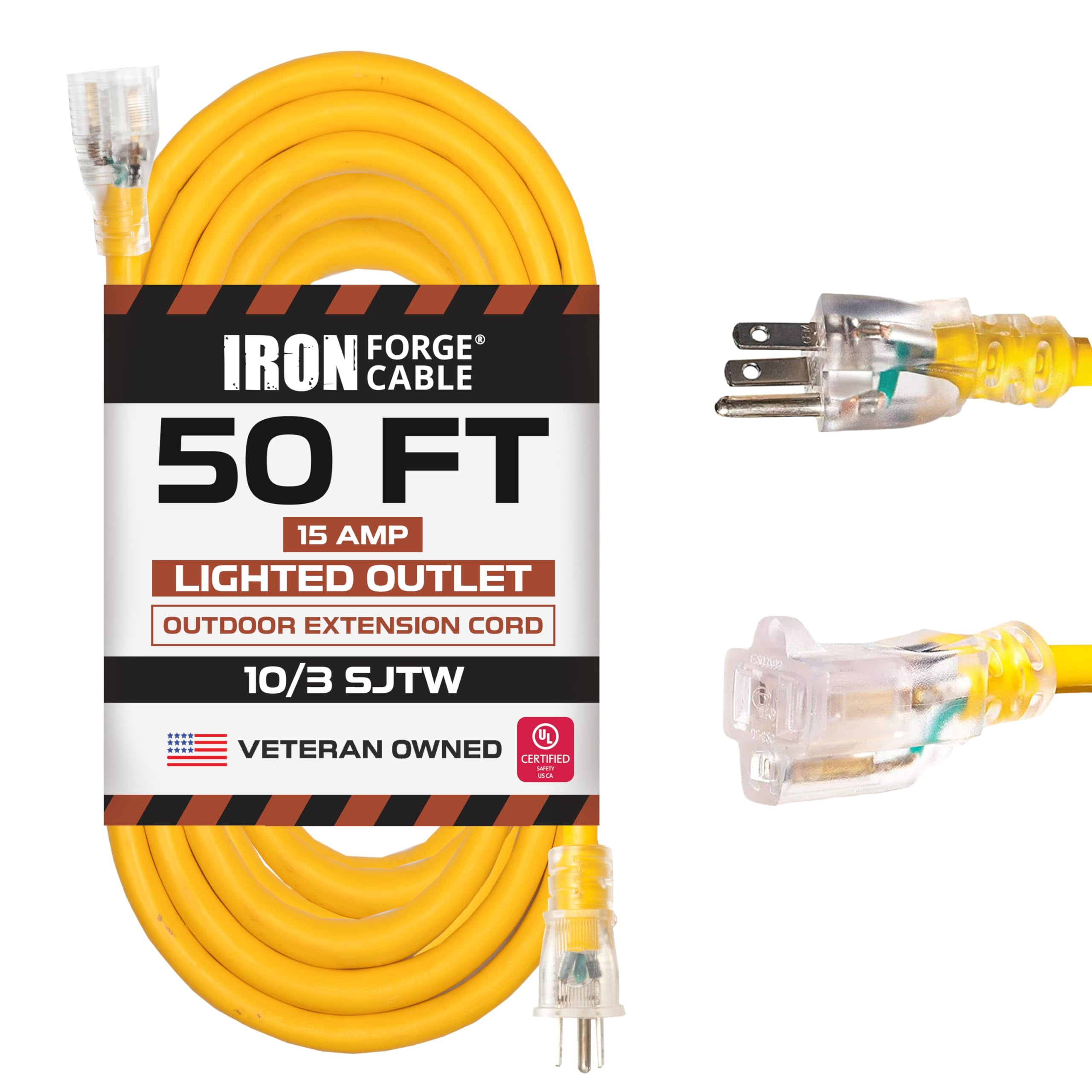 Iron Forge Cable Outdoor Extension Cord 50 Ft - 10 Gauge Heavy Duty Extension Cord, 15 AMP, 10/3 Yellow Power Cable SJTW Weatherproof with 3 Prong