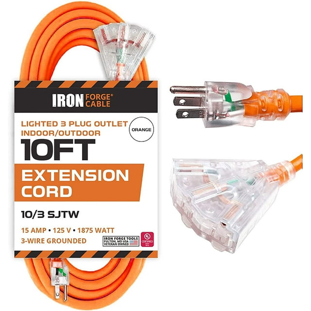 Iron Cable 10 Gauge Extension Cord 10 ft 3 Outlet Pigtail, 10/3
