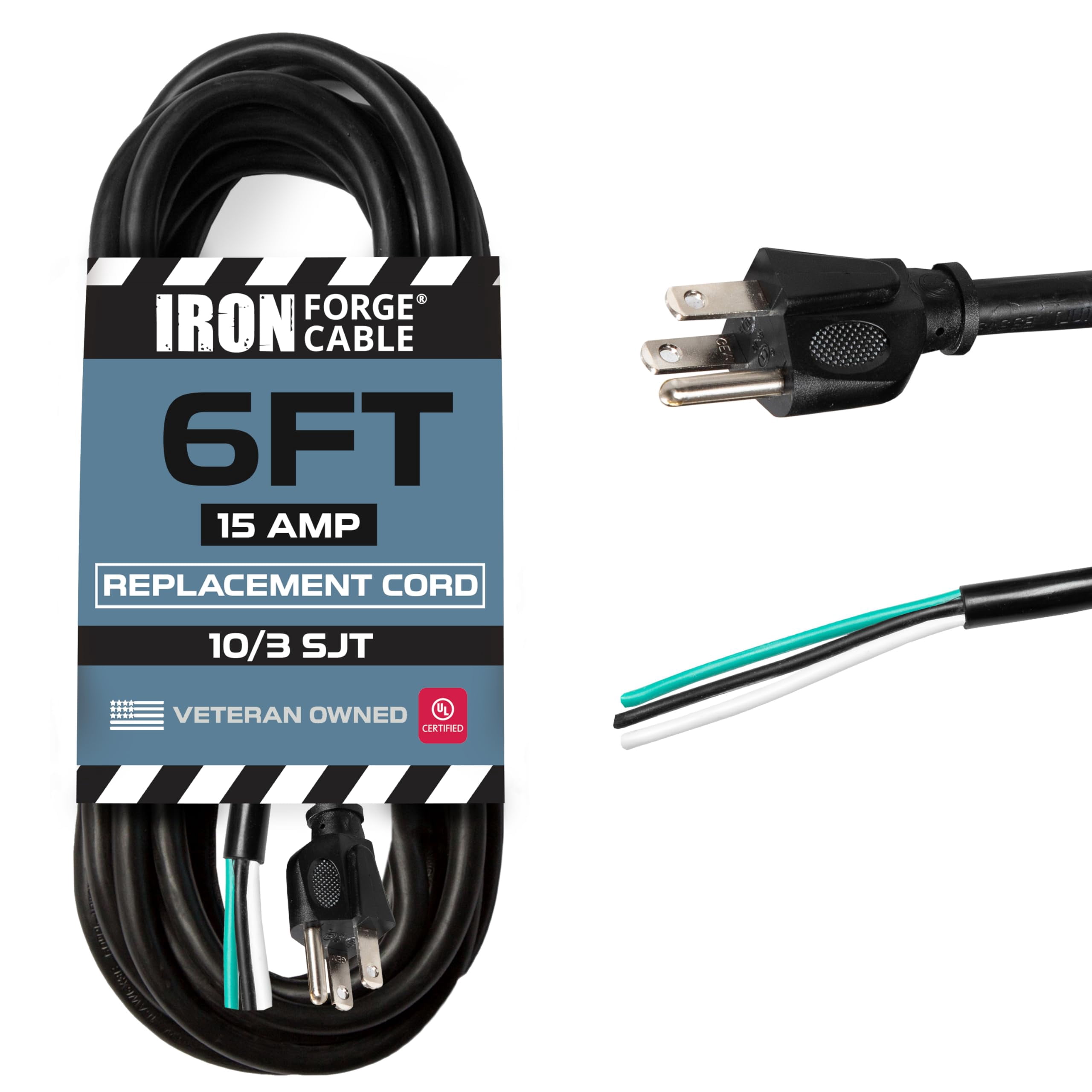 Cableforge Iron Forge Cable 10 Gauge Power Cord Replacement - 6ft,15 Amp Black ...