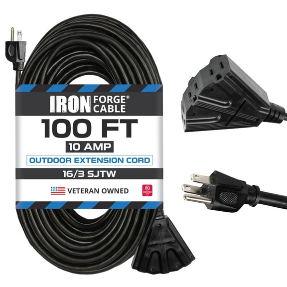 Iron Forge Cable 100 Ft Black Extension Cord with 3 Outlets - 16/3 SJTW 100 Foot Extension Cord 3 Prong, Weatherproof Exterior Power Cable for Outdoor