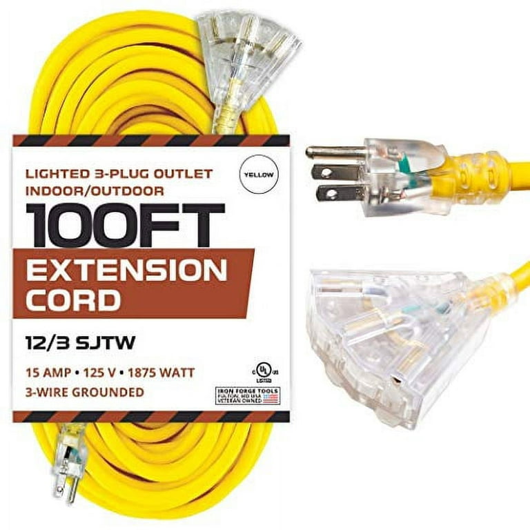 Iron Forge Cable 100ft Outdoor Extension Cord, Lighted with 3 Electrical  Power Outlets - 12/3 Gauge SJTW Heavy Duty Extension Cable, Yellow in Color  - 3 Pronged with Grounded Plug for Improved Safety 