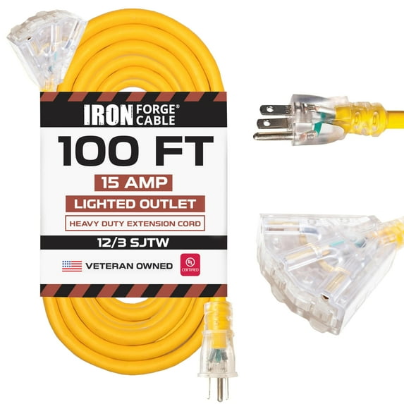 Iron Forge Cable 100ft Outdoor Extension Cord, Lighted with 3 Electrical Power Outlets - 12/3 Gauge SJTW Heavy Duty Extension Cable, Yellow, 15 AMP - 3 Pronged with Grounded Plug for Improved Safety