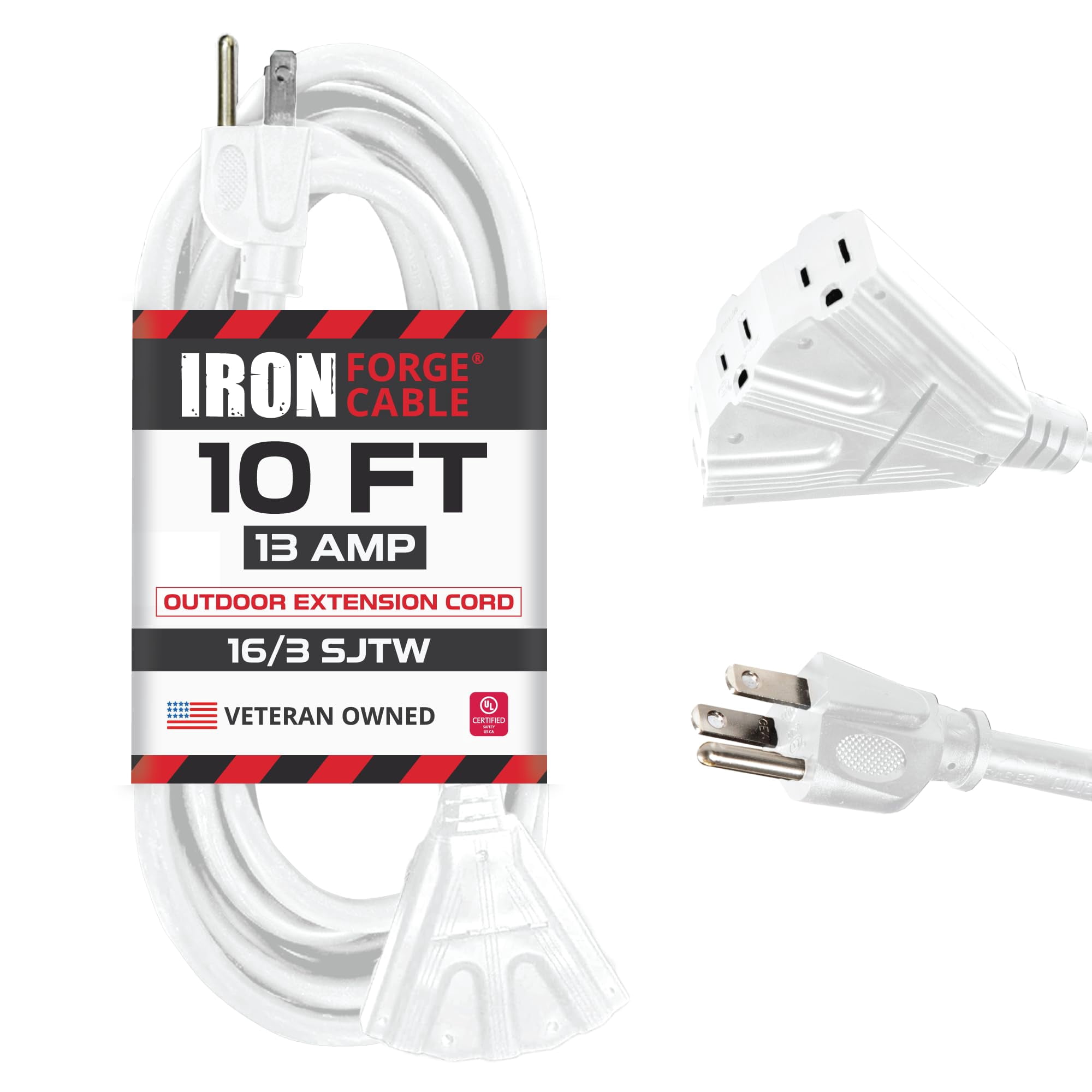 Iron Forge Cable 10ft White Outdoor Extension Cord with 3 Outlets - 16/3 SJTW 10ft Extension Cord 3 Prong, 13 Amp All-Weather Heavy Duty Power Cable