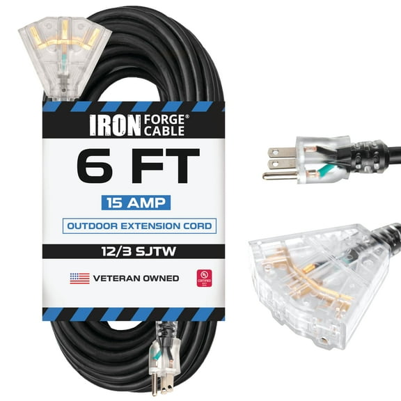 Iron Forge Cable 12 Gauge Extension Cord with Multiple Outlets - Black Heavy Duty Extension Cord 6 ft - 12/3 SJTOW, 3 Prong Lighted Outlet Cords