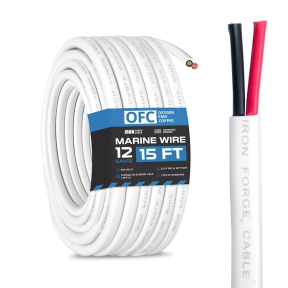 Iron Forge Cable 12 Gauge Marine Wire - 15 Foot, 12 AWG Cable for Boat Wiring, 12/2 Tinned Copper Duplex Marine Grade Outdoor Electric Wire for Boat, Dock, RV, Solar, and Automotive
