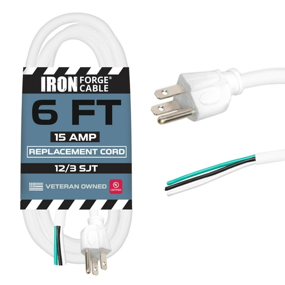 Iron Forge Cable 12 Gauge Power Cord Replacement - 6ft,15 Amp White Heavy Duty, 12/3 SJT 3 Prong Cable - for Appliances & Power Tools, NEMA 5-15P