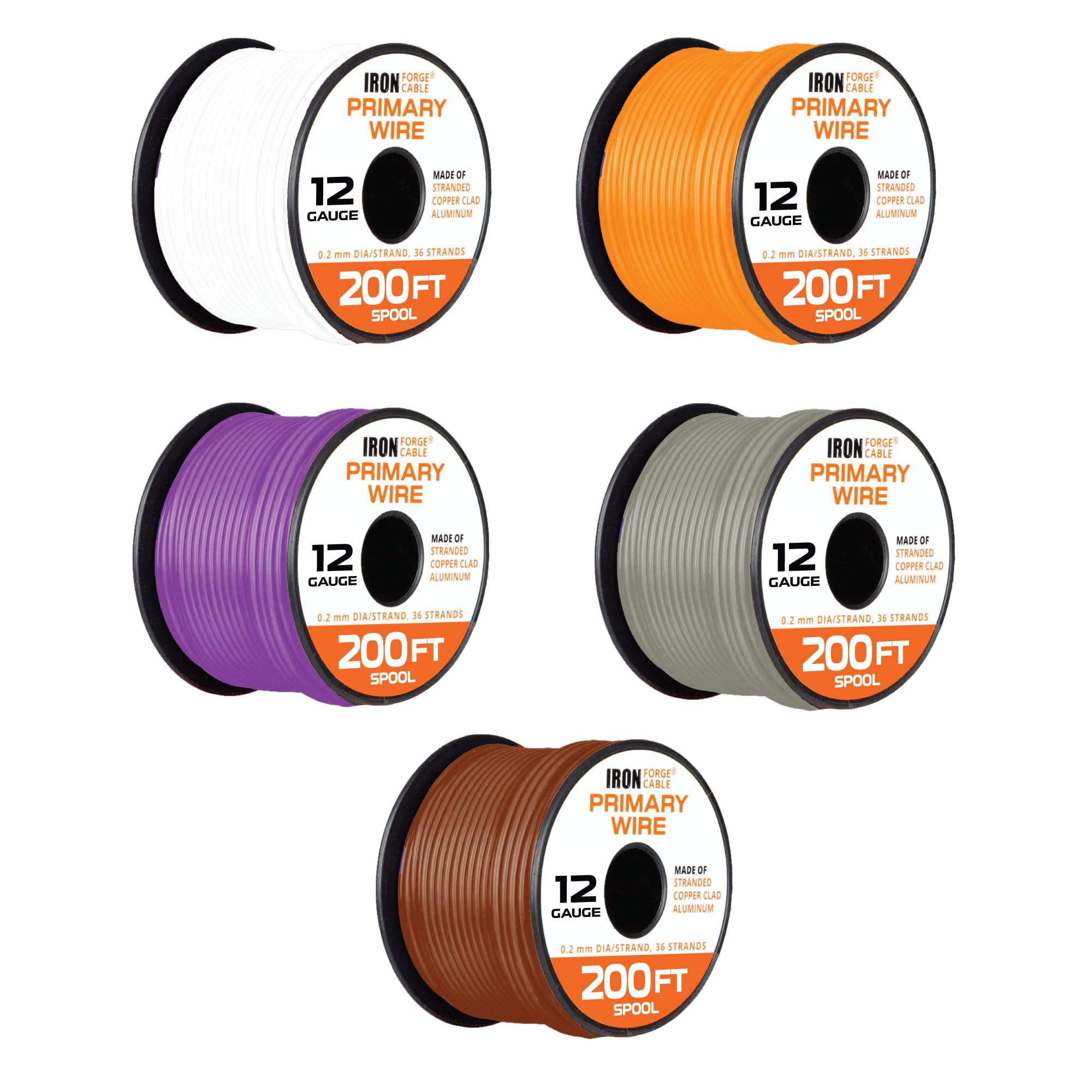 Iron Forge Cable 12 Gauge Primary Automotive Wire - 5 Roll Assortment Pack - 200 Ft of Copper Clad Aluminum Wire per Roll - for Home or Automotive